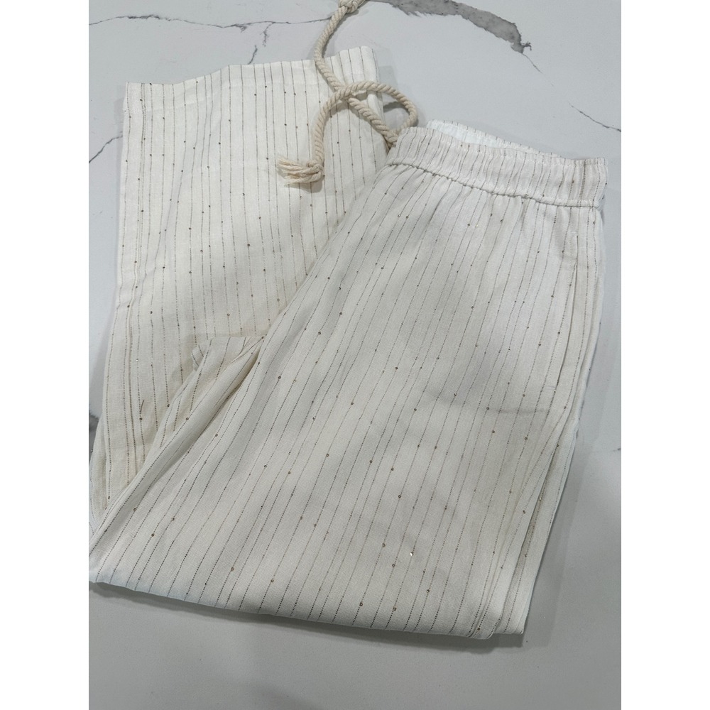 House of Harlow 1960 Linen Blend Sequin Pinstripe Wide Leg Pants Ivory Gold M